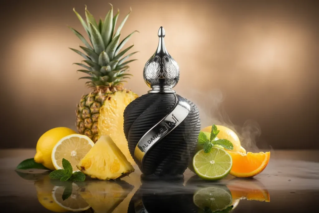 Perfume Al Dana da Lattafa em frasco elegante, com elementos como abacaxi e frutas cítricas ao redor, representando uma fragrância árabe fresca, sofisticada e moderna.