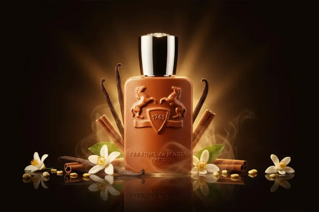 Perfume Althaïr da Parfums de Marly em frasco marrom com detalhes luxuosos, cercado por baunilha, canela e flores brancas, destacando fragrância doce ambarada intensa e elegante