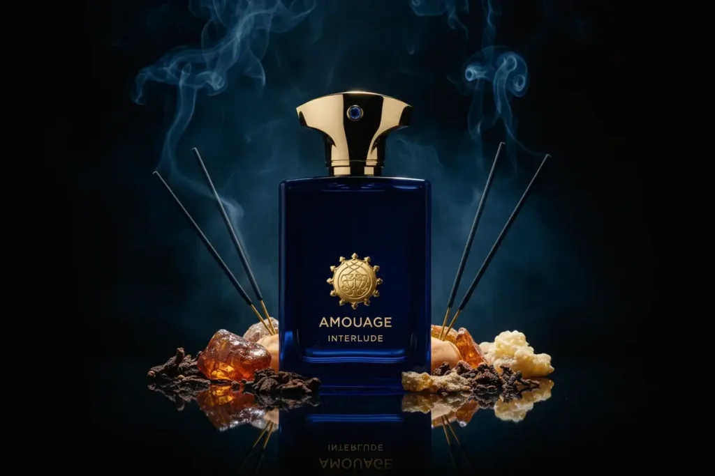 Perfume Interlude Man com incenso, resinas, âmbar e fumaça em cenário escuro dramático, representando fragrância intensa, resinosa e marcante