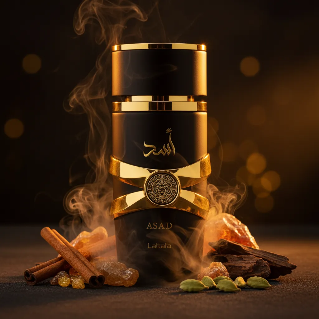 Perfume Asad da Lattafa em frasco escuro elegante, com elementos como canela, baunilha e âmbar ao redor, representando uma fragrância masculina intensa, quente, sofisticada e extremamente marcante.
