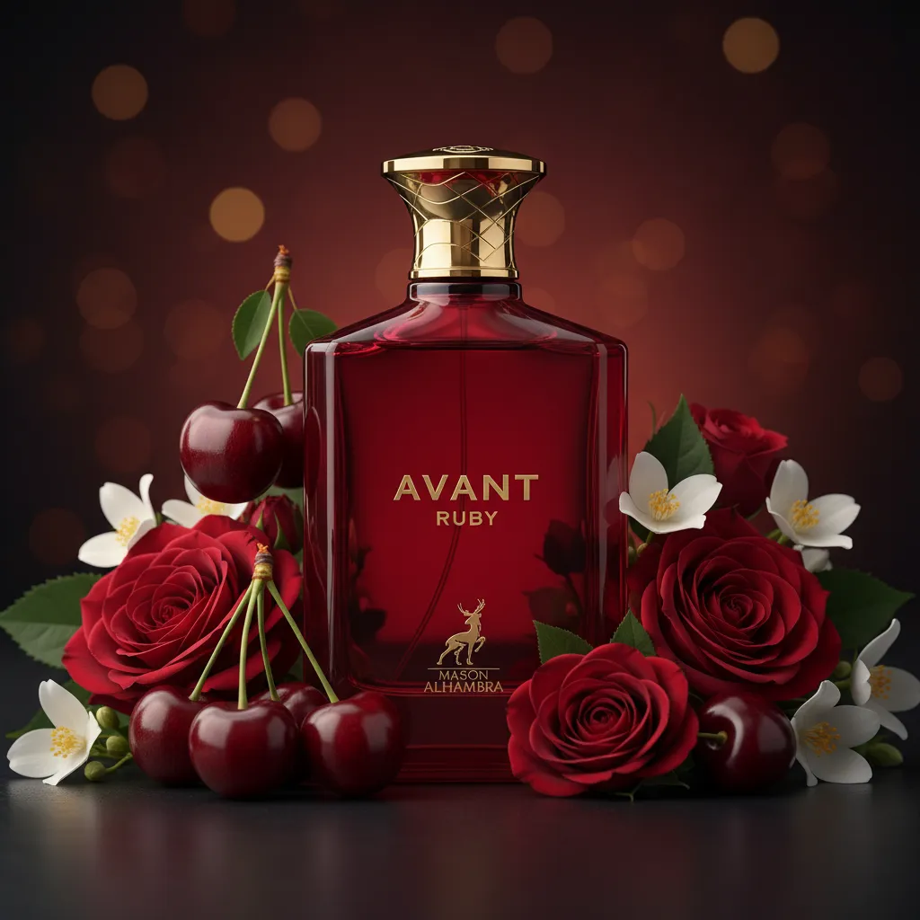 Perfume Avant Ruby da Maison Alhambra em frasco elegante, com cerejas e flores ao redor, representando uma fragrância floral frutada feminina sofisticada, moderna e envolvente.