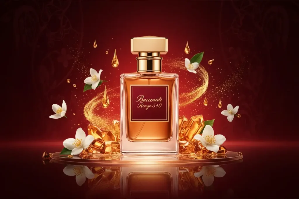 Perfume Baccarat Rouge 540 em cenário vermelho luxuoso com cristais âmbar, flores brancas e partículas douradas, representando fragrância doce, sofisticada e envolvente