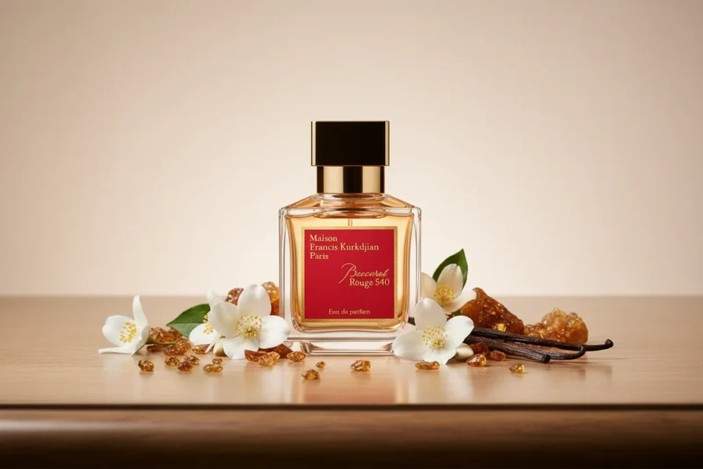 Perfume Baccarat Rouge 540 da Maison Francis Kurkdjian em frasco elegante, com fundo sofisticado e elementos ambarados e florais, representando uma fragrância doce, marcante e luxuosa com assinatura olfativa única.