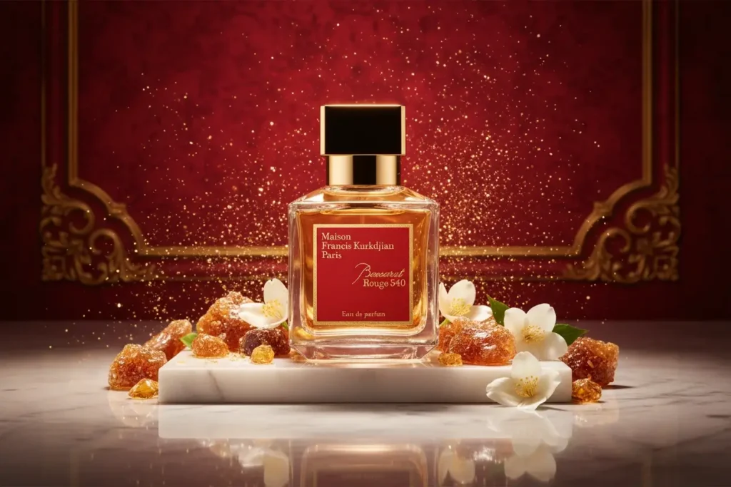 Perfume Baccarat Rouge 540 com cristais âmbar, açúcar e flores brancas em cenário vermelho luxuoso, representando fragrância doce, ambarada e sofisticada