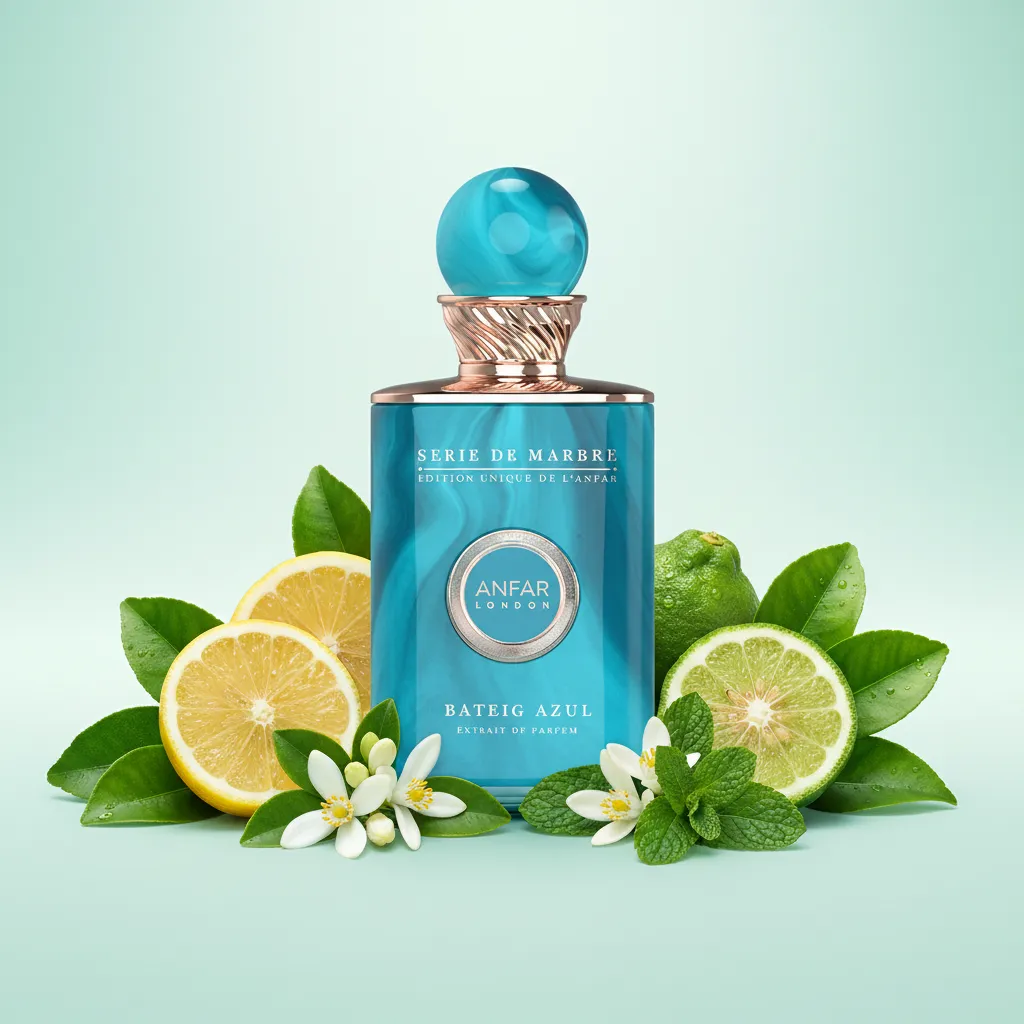 Perfume Bateig Azul da Anfar London em frasco elegante, com elementos cítricos e verdes ao redor, representando uma fragrância fresca, leve, sofisticada e moderna.