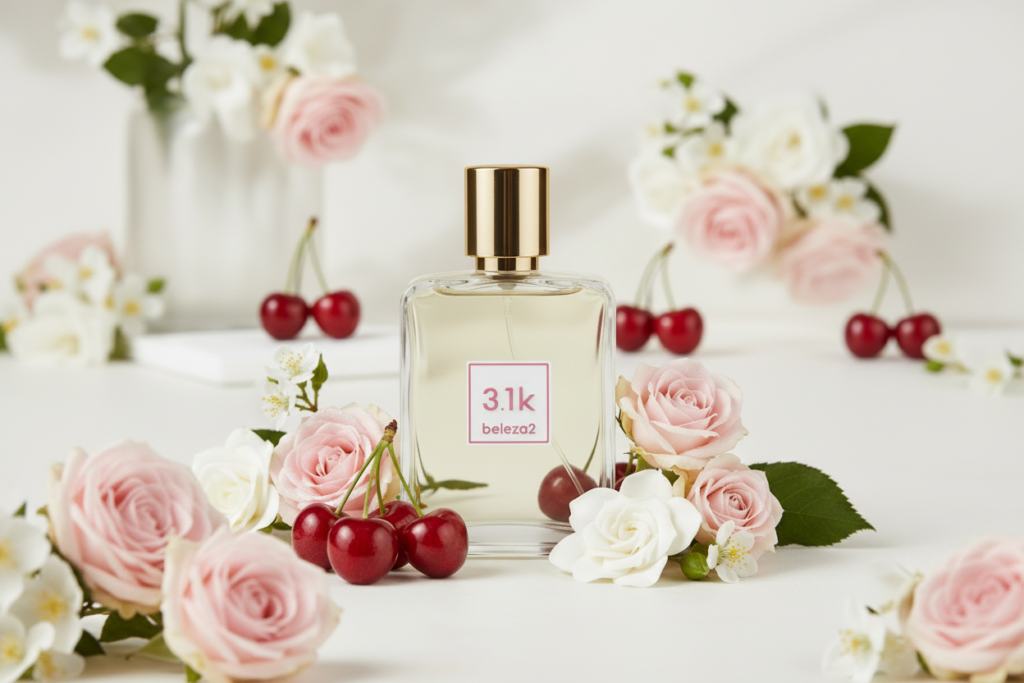 Perfume 3.1K da Beleza2 em frasco transparente com tampa dourada, cercado por flores rosas e cerejas, representando fragrância frutada e floral feminina sofisticada e envolvente.