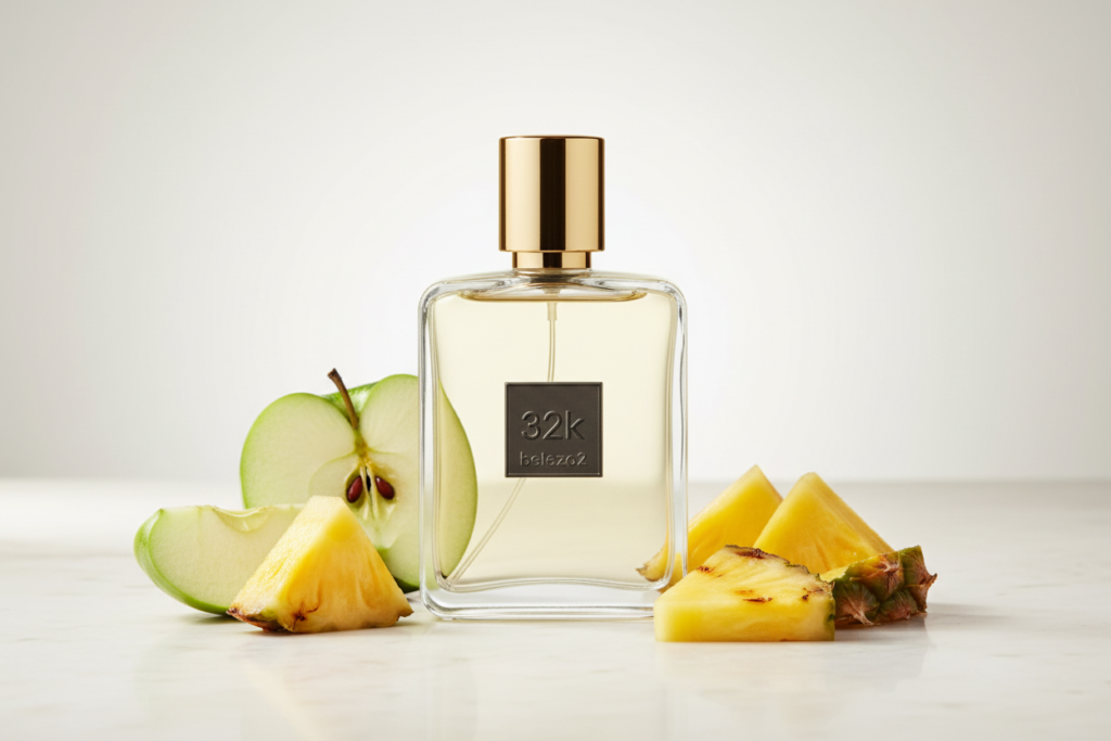 Perfume 3.2K da Beleza2 em frasco transparente com tampa dourada, cercado por abacaxi, maçã verde e flores delicadas, representando fragrância frutada e amadeirada sofisticada inspirada no perfume de nicho.
