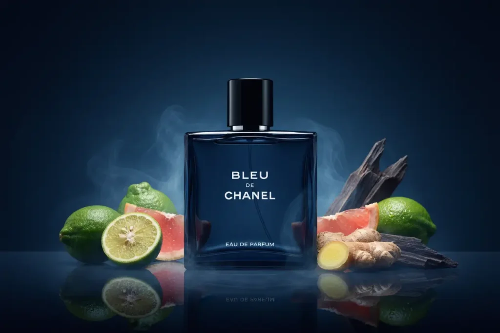 Perfume Bleu de Chanel com bergamota, grapefruit, gengibre e madeira em cenário azul sofisticado, representando fragrância elegante, limpa e versátil