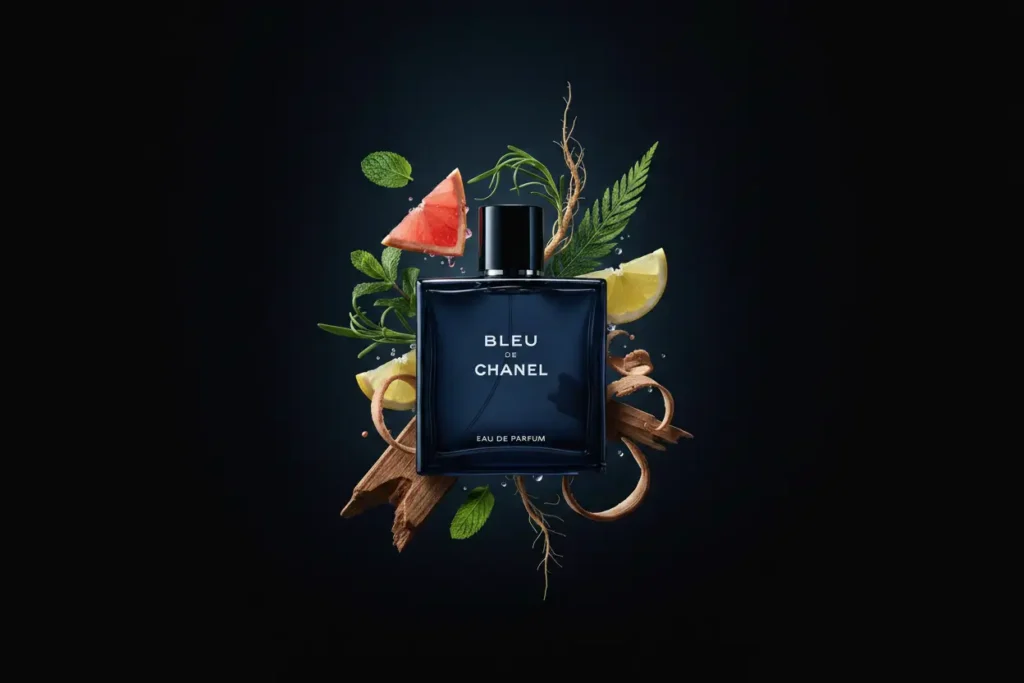 Perfume Bleu de Chanel em frasco escuro elegante, com elementos cítricos e amadeirados ao redor, representando uma fragrância masculina sofisticada, moderna e extremamente versátil.