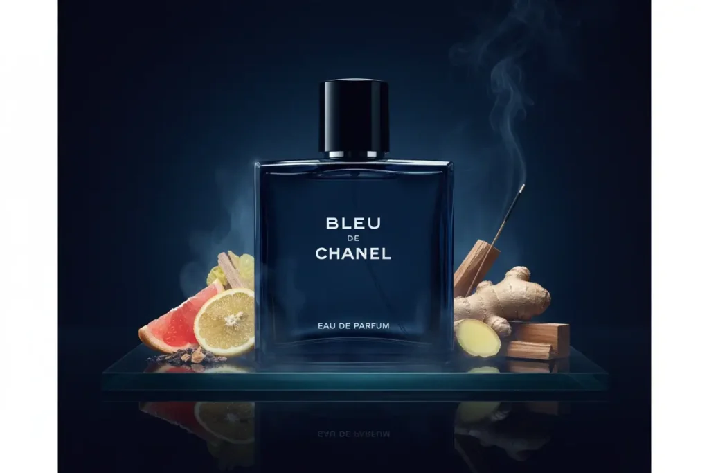Perfume Bleu de Chanel com bergamota, grapefruit, gengibre, incenso e madeiras em cenário azul marinho sofisticado, representando fragrância elegante, limpa e moderna
