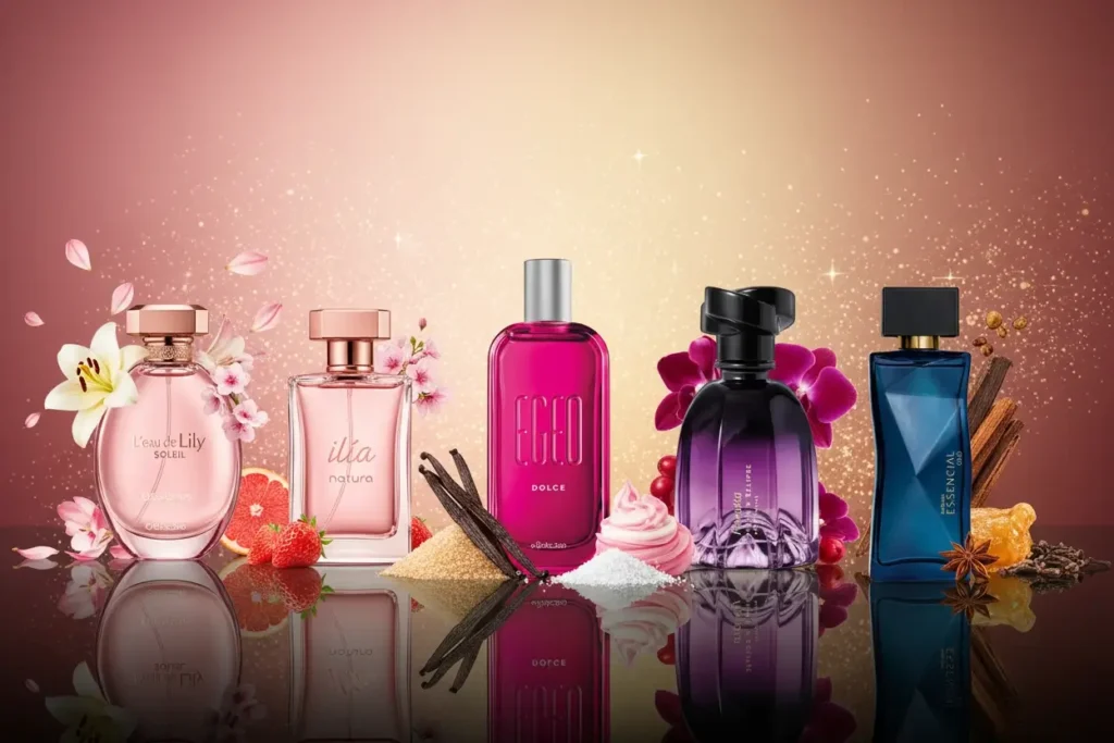 Perfumes Nacionais femininos Egeo Dolce, Ilía, Floratta, Essencial Oud e Lily Soleil em cenário sofisticado com flores, frutas e notas doces, representando fragrâncias femininas marcantes e elegantes