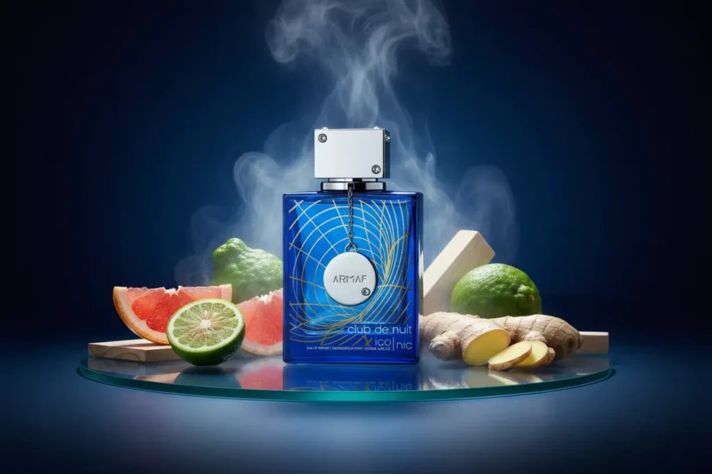 Perfume Club de Nuit Blue Iconic com grapefruit, bergamota, gengibre e madeiras em cenário azul sofisticado, representando fragrância cítrica aromática elegante semelhante ao Bleu de Chanel