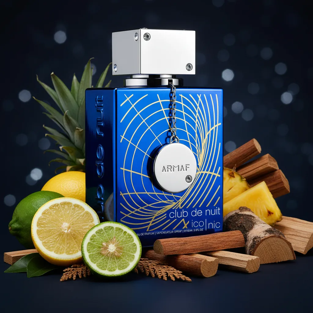Perfume Club De Nuit Iconic da Armaf em frasco azul elegante, com elementos cítricos e amadeirados ao redor, representando uma fragrância masculina sofisticada, moderna e extremamente versátil