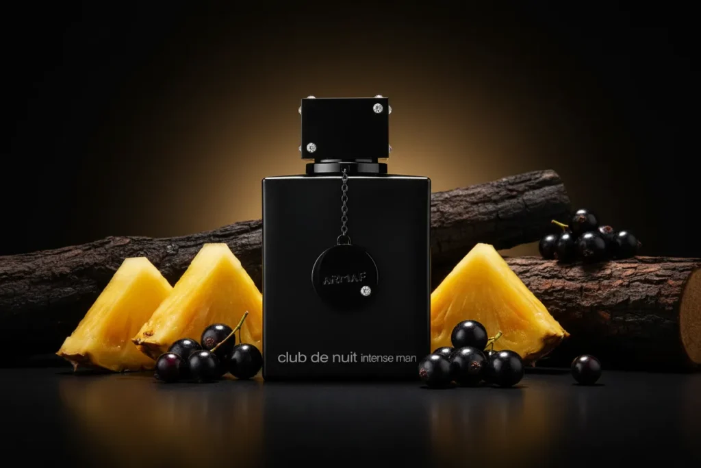 Perfume Club de Nuit Intense Man da Armaf em frasco preto elegante, com elementos como abacaxi e madeira ao redor, representando uma fragrância frutada amadeirada masculina sofisticada, marcante e moderna