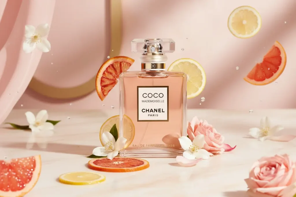 Perfume Coco Mademoiselle Intense da Chanel em frasco elegante com detalhes minimalistas, acompanhado por elementos cítricos e florais, representando uma fragrância feminina sofisticada, moderna e refinada.