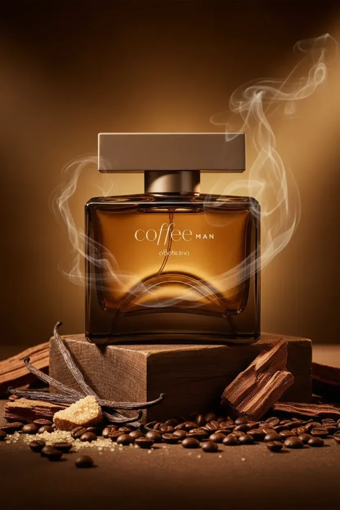 Perfume Coffee Man com grãos de café, baunilha e madeira em cenário quente e aconchegante, representando fragrância doce, envolvente e marcante