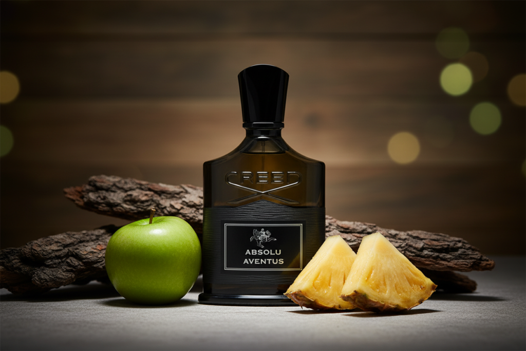 Perfume Creed - Absolu Aventus em frasco elegante com detalhes escuros, cercado por maçã verde, abacaxi e madeira de carvalho, destacando sua fragrância fresca, frutada e amadeirada de alta performance.