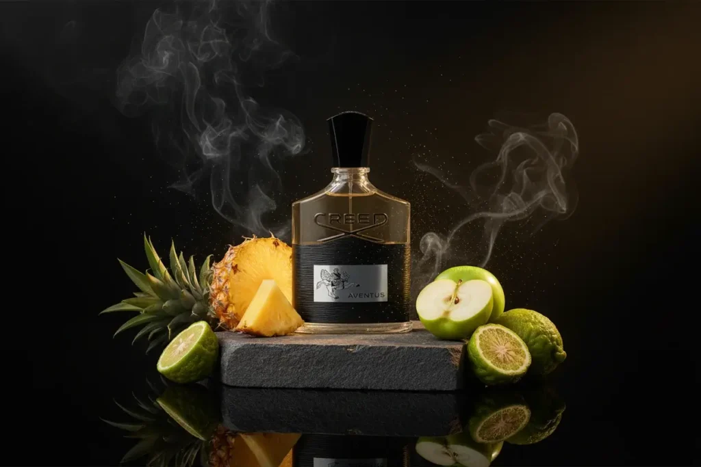 Perfume Creed Aventus com abacaxi, maçã, bergamota e fumaça em cenário escuro sofisticado, representando fragrância frutada amadeirada elegante e marcante