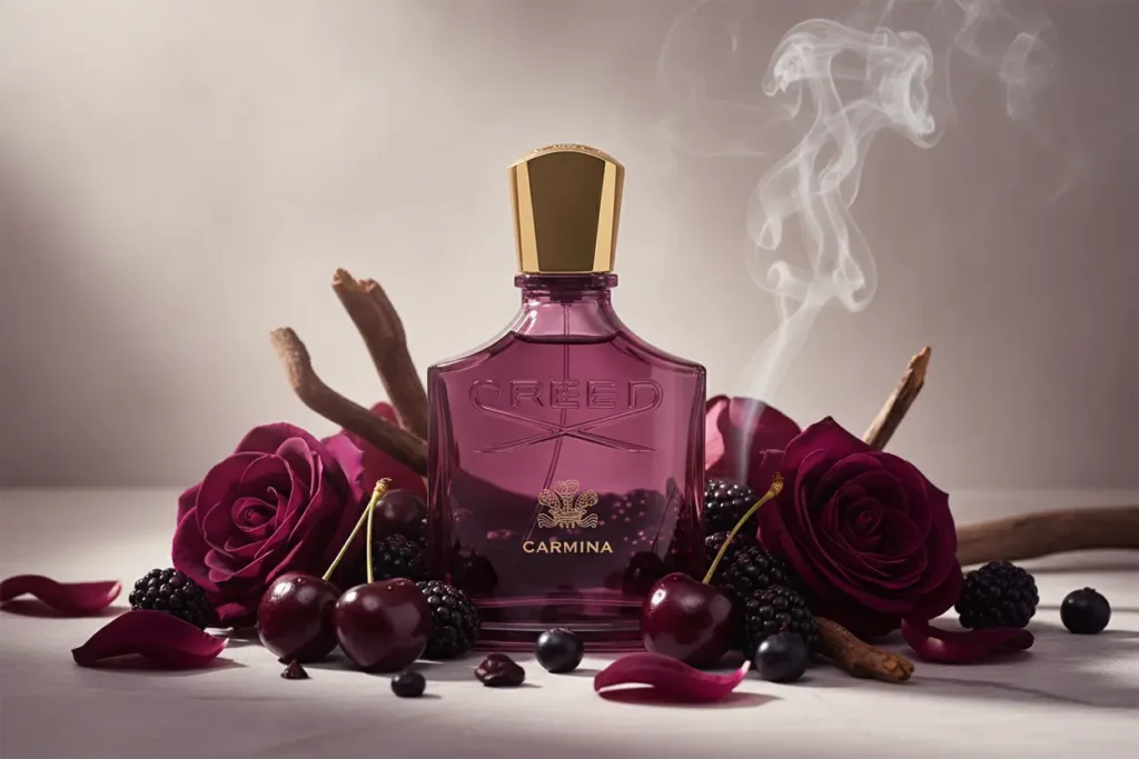Perfume Creed Carmina em frasco vinho elegante, rodeado por rosas escuras, frutas vermelhas e madeira, destacando fragrância floral frutada intensa, sofisticada e marcante