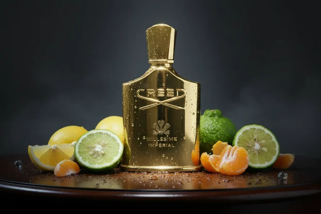 Perfume Millesime Imperial da Creed em frasco elegante, com elementos cítricos e aquáticos ao redor como limão e água, representando uma fragrância fresca, sofisticada e de luxo com toque salgado característico.
