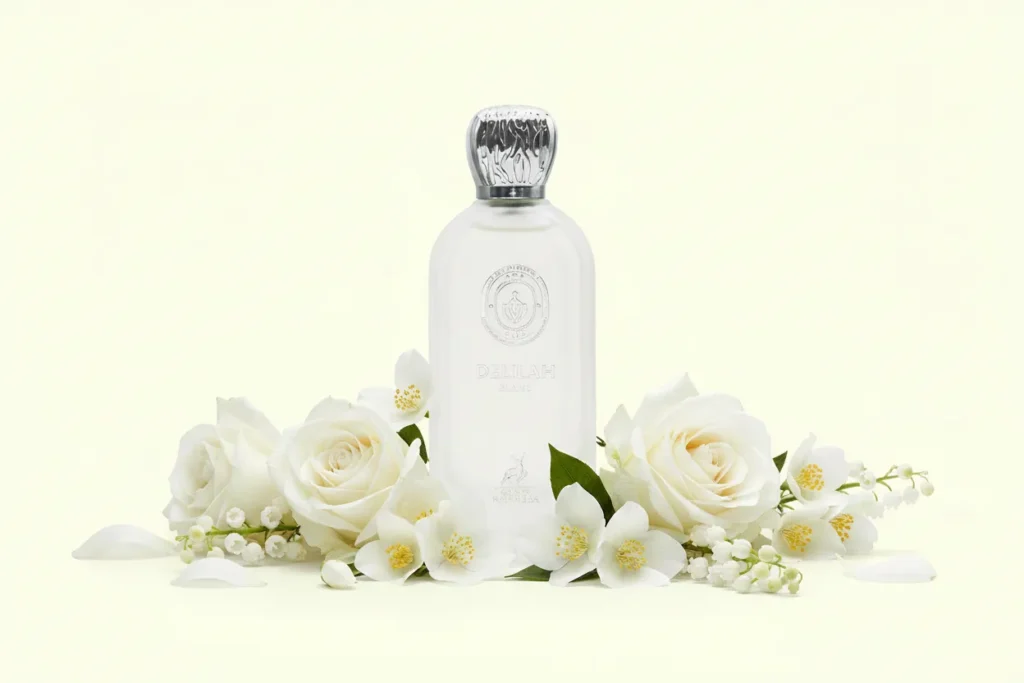 Perfume Delilah Blanc da Maison Alhambra em frasco elegante, com flores claras e fundo minimalista, representando uma fragrância feminina leve, clean, sofisticada e moderna.