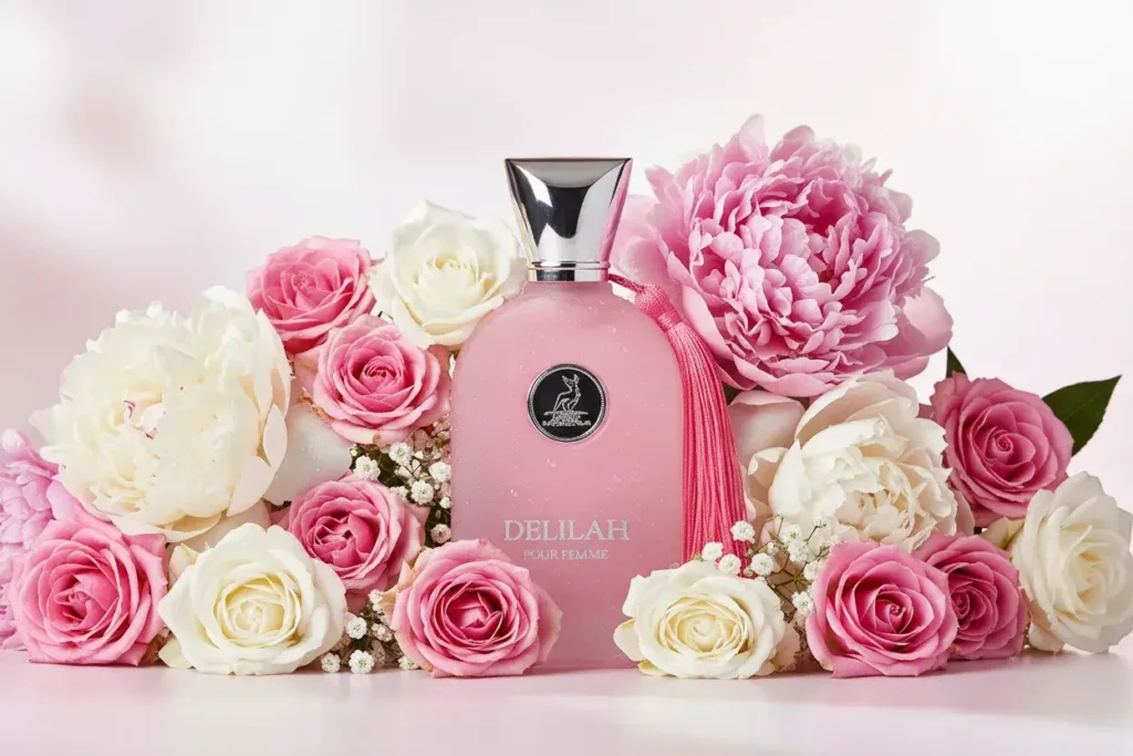 Perfume Delilah Pour Femme da Maison Alhambra em frasco elegante, acompanhado por rosas e peônias, representando uma fragrância floral fresca, delicada, feminina e sofisticada.
