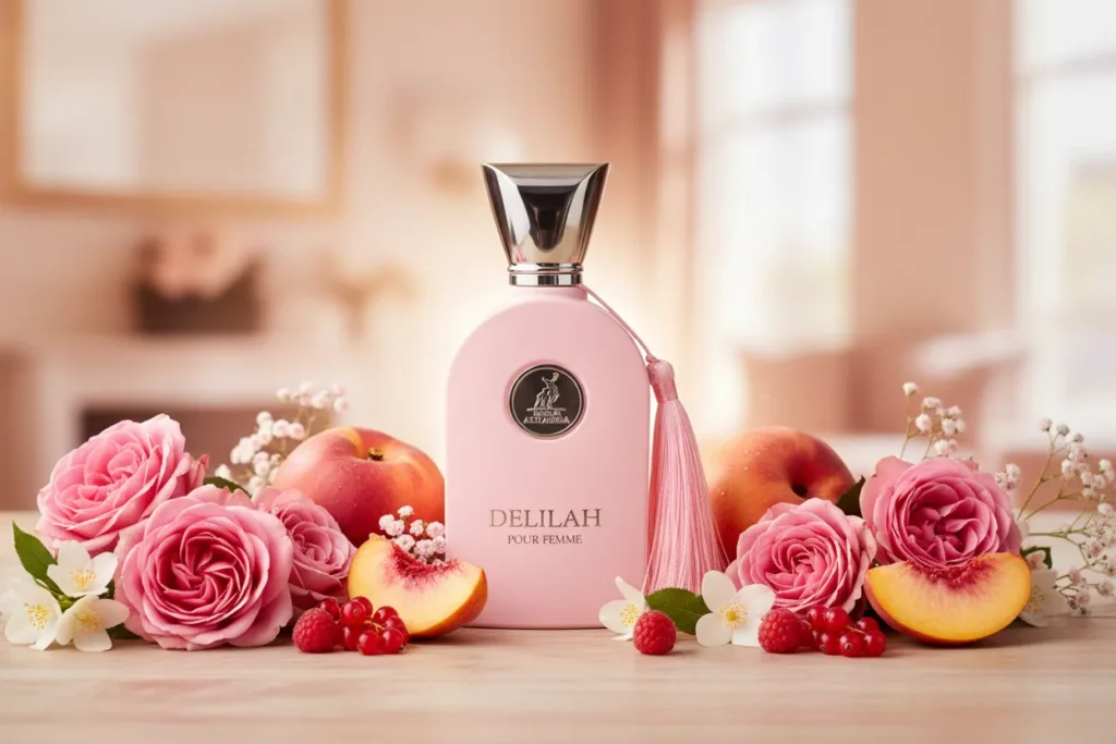 Perfume Delilah da Maison Alhambra em frasco elegante, com rosas e frutas ao redor, representando uma fragrância floral frutada feminina sofisticada, marcante e moderna.
