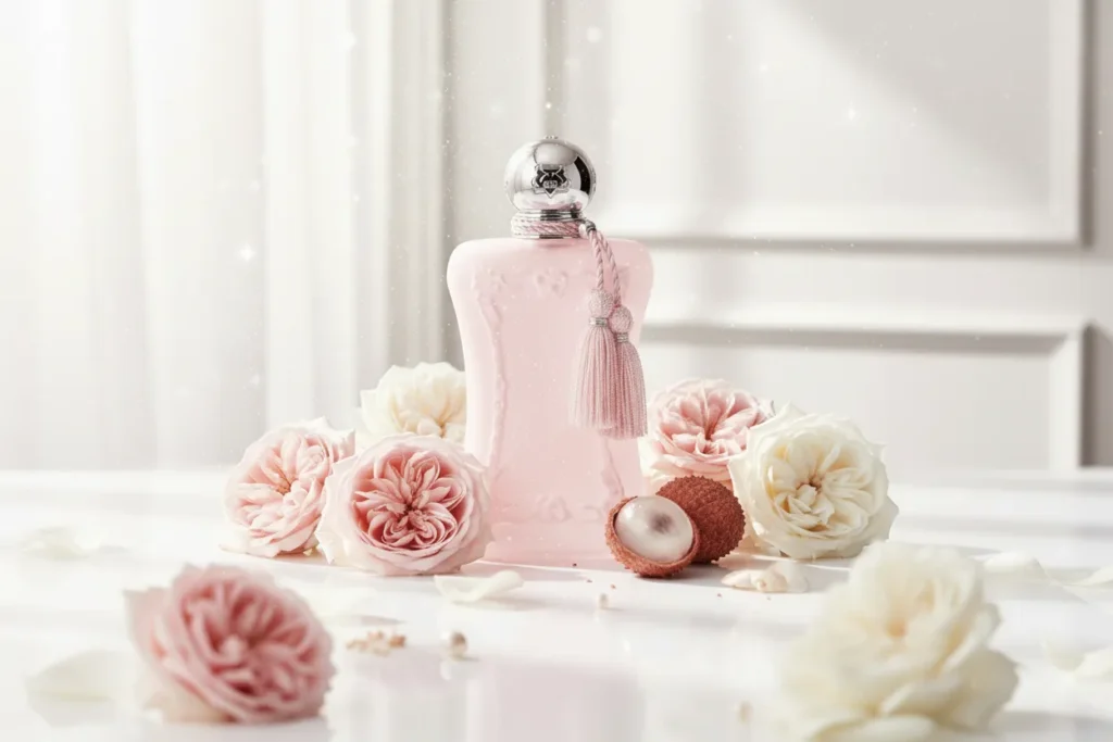 Perfume Delina da Parfums de Marly em frasco rosa elegante com detalhes luxuosos, rodeado por rosas e lichia, destacando fragrância floral feminina marcante, sofisticada e envolvente