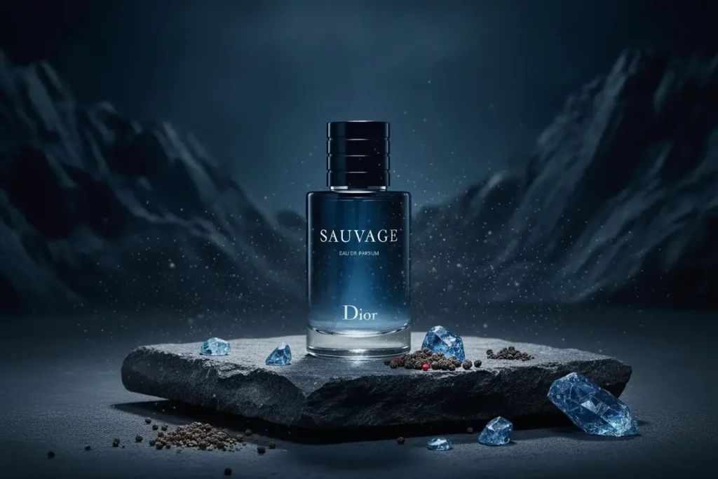 Perfume Dior Sauvage com bergamota, pimenta e fundo rochoso em cenário azul escuro, representando fragrância fresca, intensa e moderna