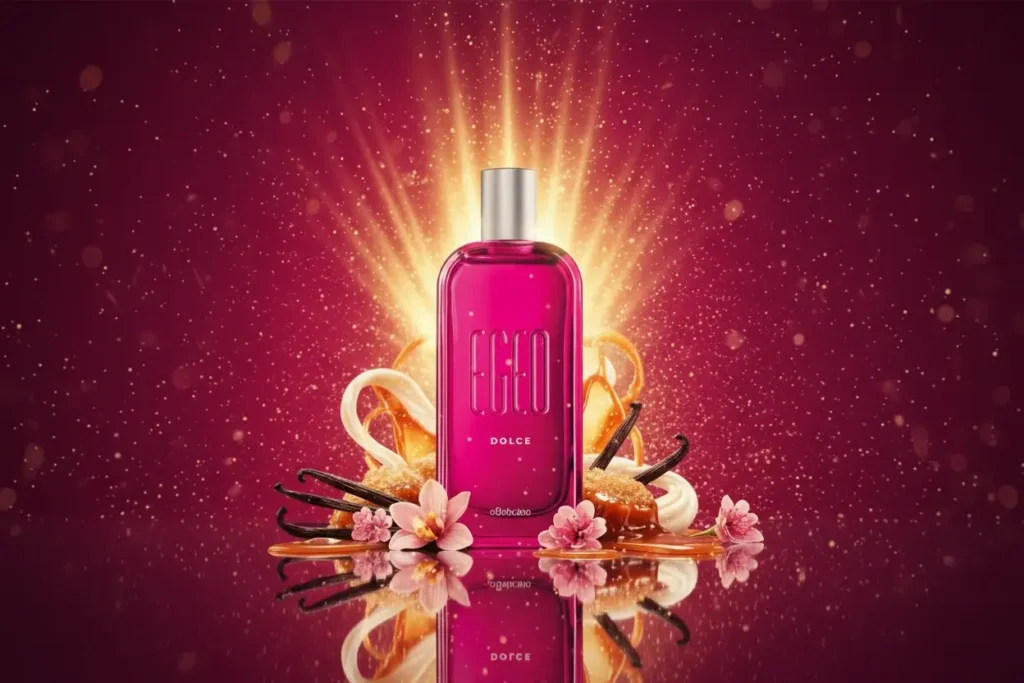 Perfume Egeo Dolce em cenário rosa vibrante com baunilha, açúcar e flores, representando fragrância doce gourmand feminina intensa e marcante