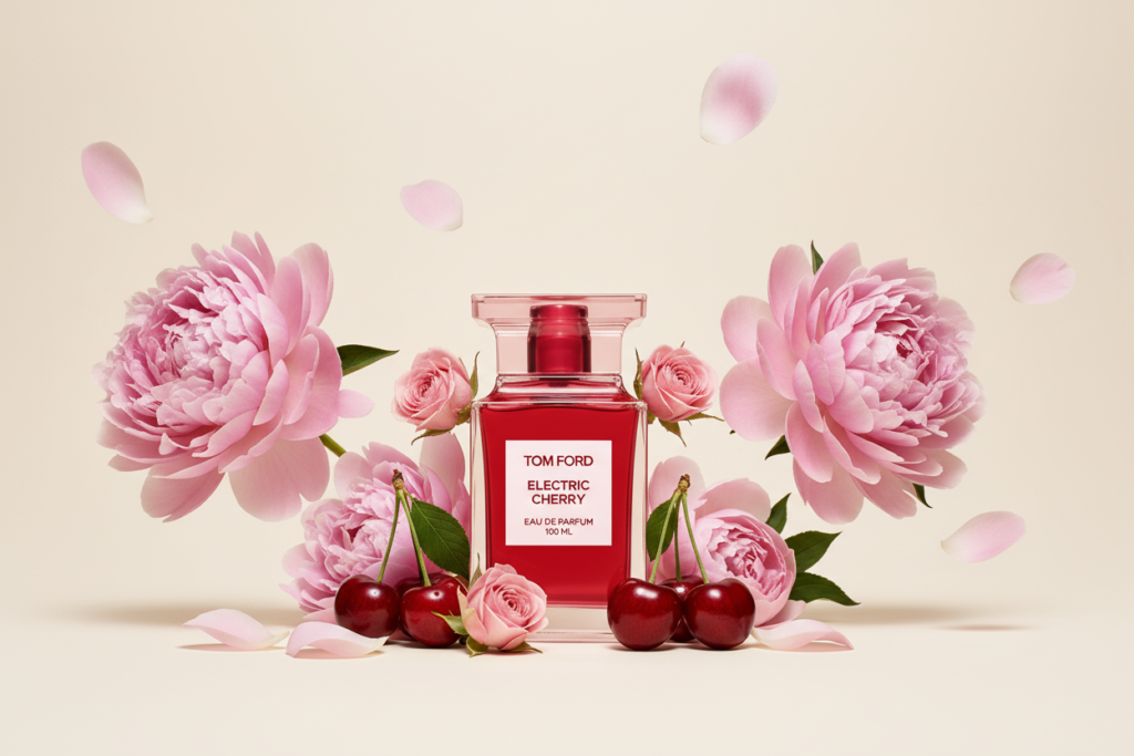 Perfume Tom Ford Electric Cherry em frasco vermelho, rodeado por flores de peônia e cerejas frescas, destacando fragrância frutada com notas florais frescas e vibrantes.