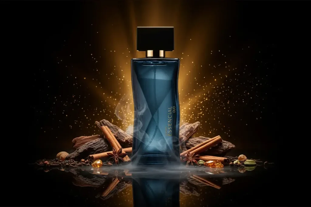 Perfume Essencial Oud Natura em cenário escuro com madeiras, especiarias e fumaça, representando fragrância amadeirada oriental intensa e sofisticada