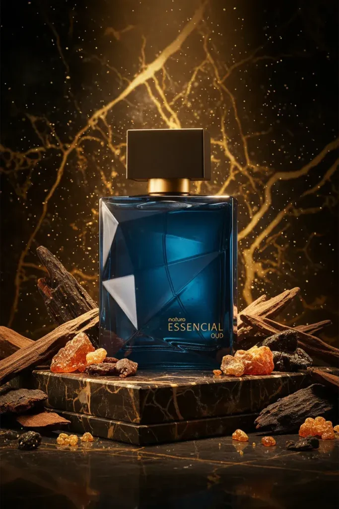 Perfume Essencial Oud com madeira escura, resinas e partículas douradas em cenário luxuoso preto e dourado, representando fragrância intensa e sofisticada