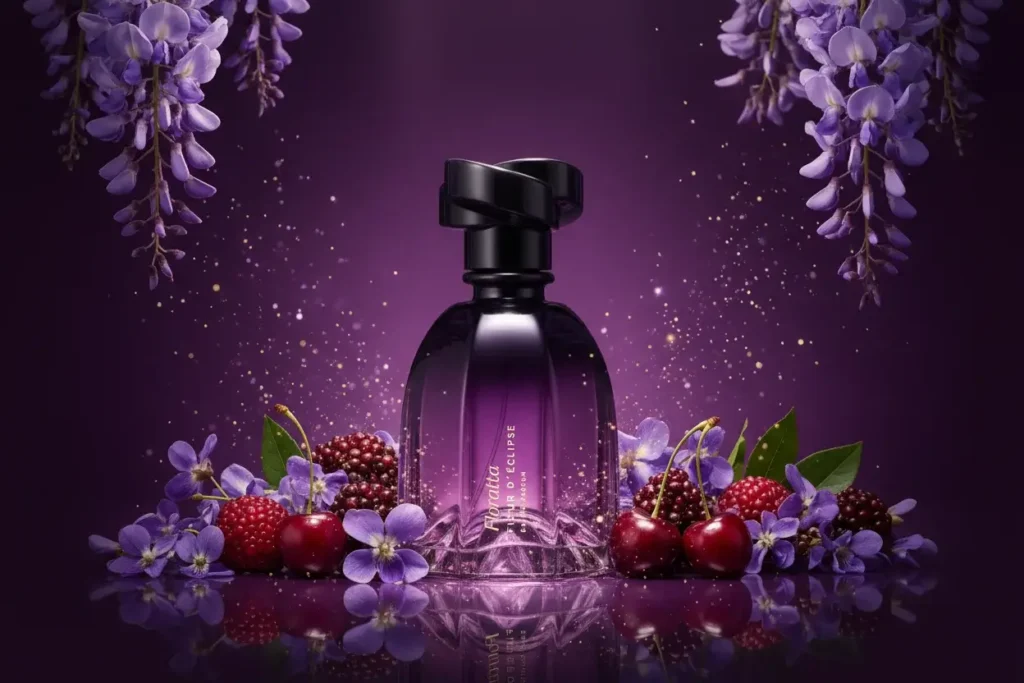Perfume Floratta Fleur D’Éclipse em cenário roxo com flores e frutas vermelhas, representando fragrância floral frutada romântica e envolvente