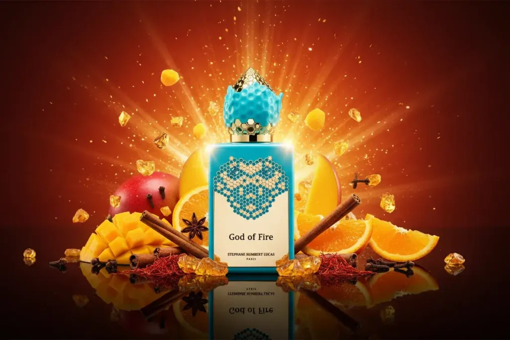 Perfume God of Fire em cenário vibrante com manga, laranja, especiarias e âmbar, representando fragrância exótica, tropical e extremamente marcante
