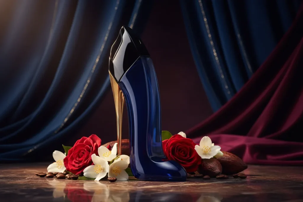 Perfume Good Girl da Carolina Herrera em frasco icônico de salto alto, com elementos como café e flores ao redor, representando uma fragrância doce, elegante, feminina e sofisticada.