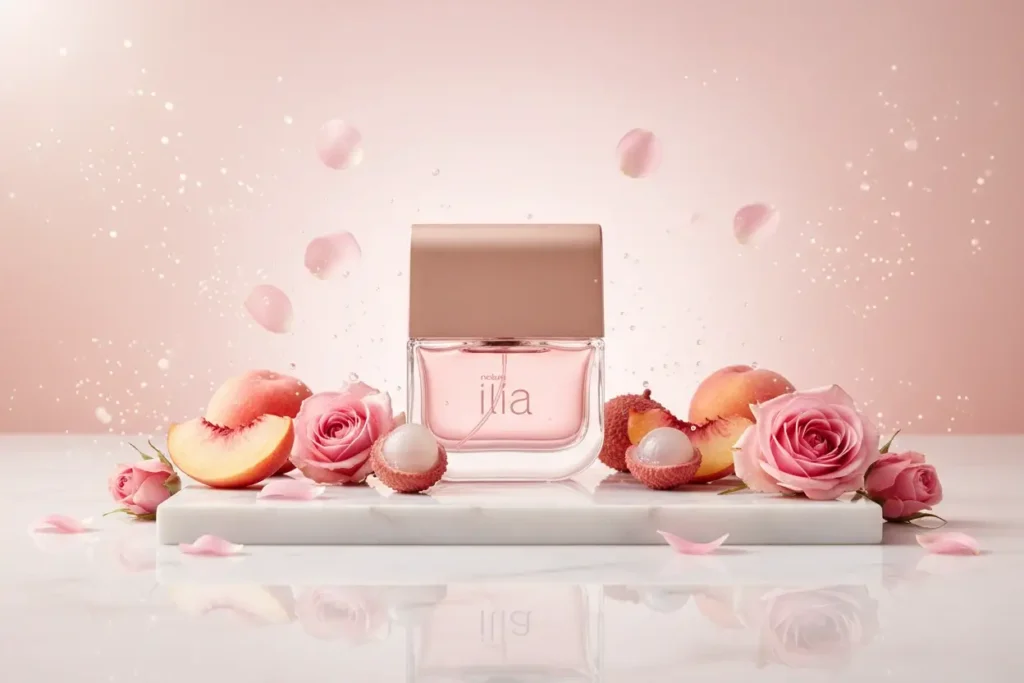 Perfume Ilía Natura em cenário rosa delicado com pêssego, lichia e rosas, representando fragrância floral frutada feminina leve e elegante
