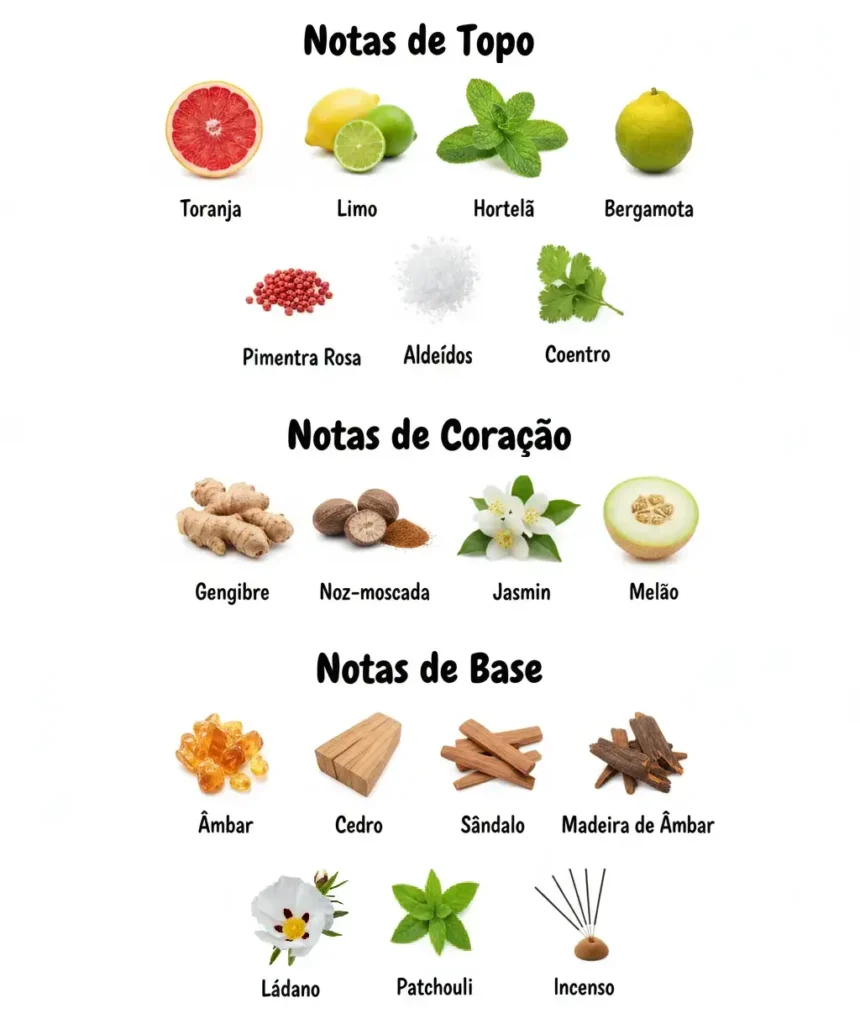 Imagem das notas do perfume Bleu de Chanel organizadas em topo, coração e base, com destaque para bergamota, limão, gengibre, incenso e madeiras, representando um perfume cítrico amadeirado masculino elegante, sofisticado e versátil.