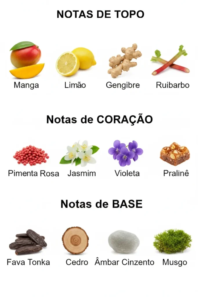 Imagem das notas do perfume Delilah organizadas em topo, coração e base, com destaque para rosa, lichia, peônia, notas aquáticas e almíscar, representando um perfume floral fresco feminino, elegante e delicado.