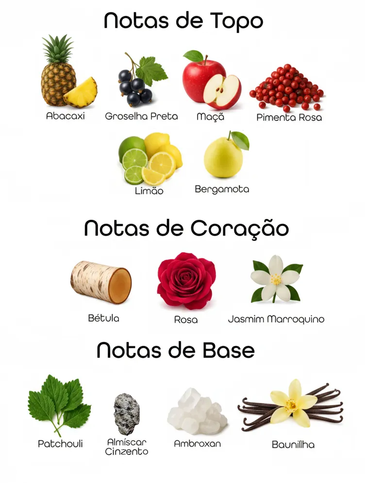 Imagem das notas do perfume Club de Nuit Intense Man organizadas em topo, coração e base, com destaque para abacaxi, limão, maçã, bétula, almíscar e madeiras, representando um perfume frutado amadeirado masculino elegante, moderno e envolvente.