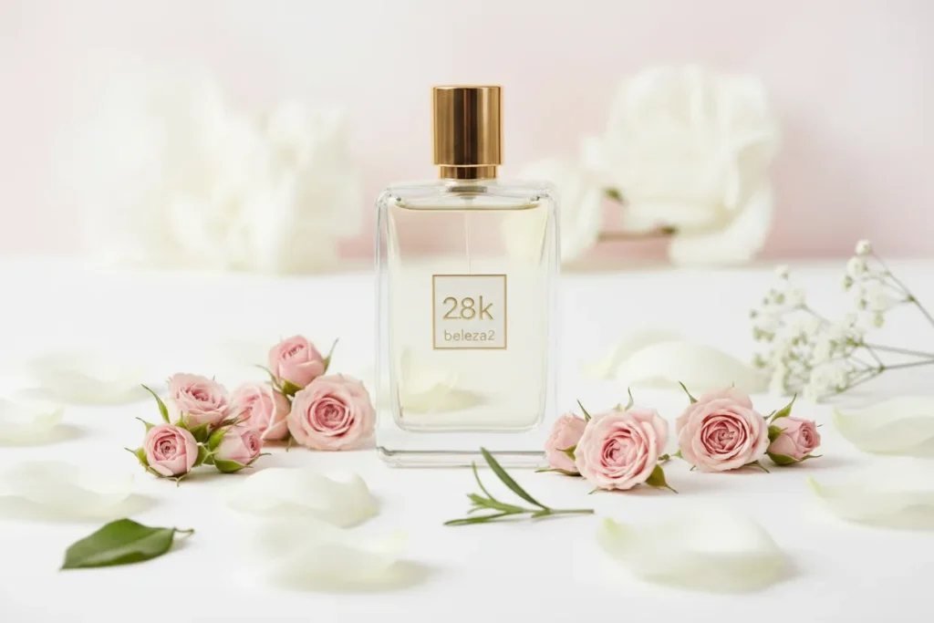 Perfume 2.8K da Beleza2 em frasco transparente com tampa dourada, rodeado por elementos florais suaves e fundo clean, transmitindo elegância, leveza e uma fragrância inspirada em perfumes importados de referência com excelente custo-benefício.