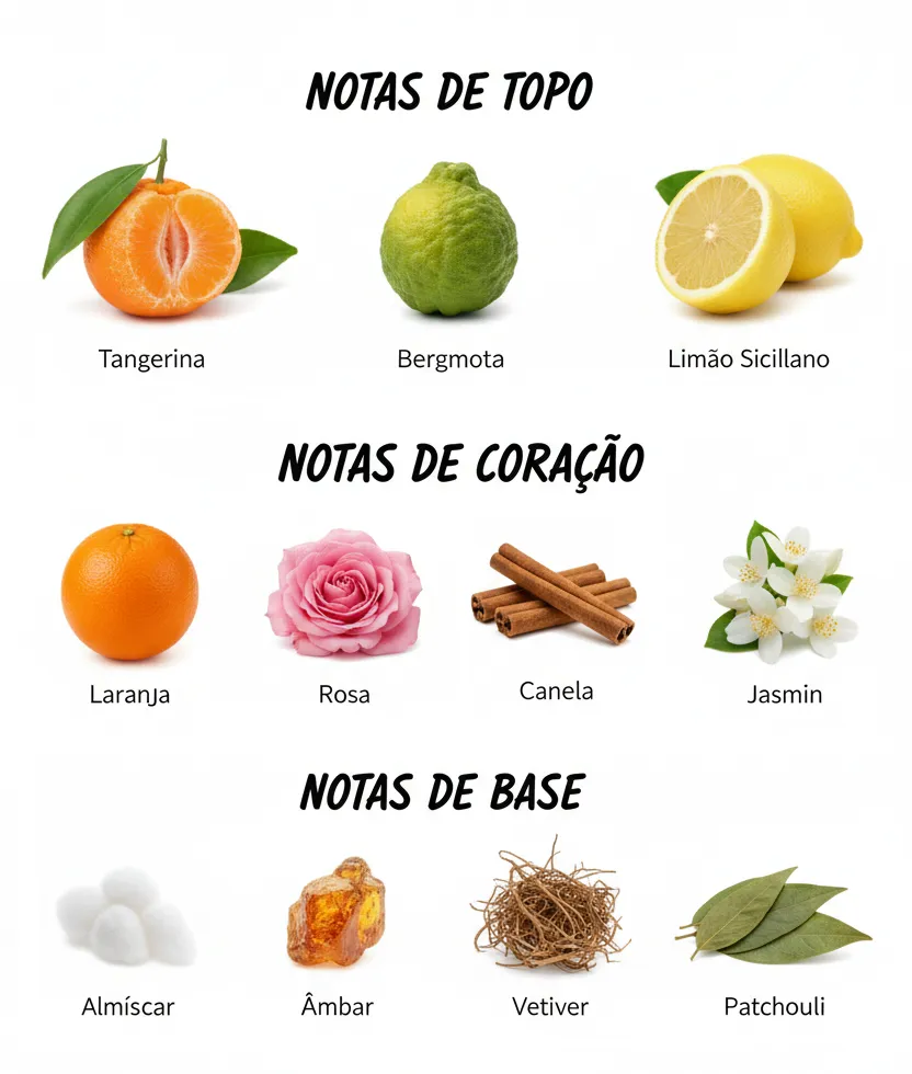 Imagem das notas do perfume Avant Ruby organizadas em topo, coração e base, com destaque para cereja, frutas vermelhas, rosa, almíscar e madeiras, representando um perfume floral frutado feminino elegante, sofisticado e moderno.