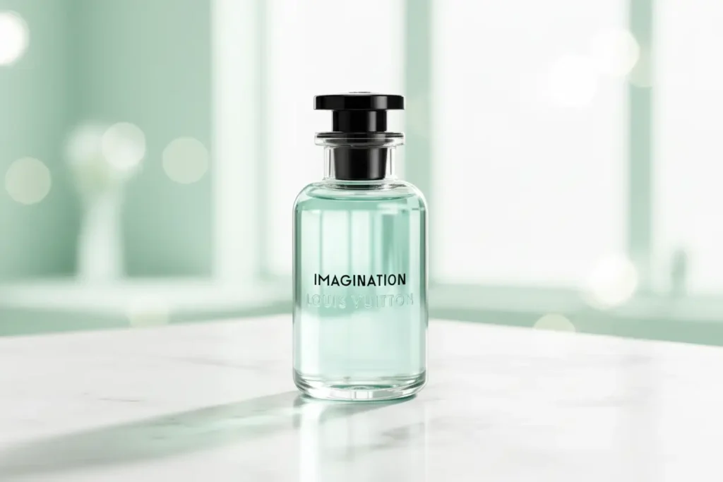 Louis Vuitton Imagination perfume masculino cítrico fresco frasco verde-menta sobre mármore branco com fundo minimalista iluminado
