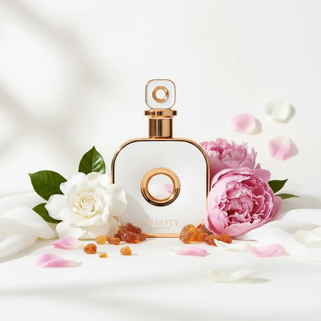 Perfume Infinity da Armaf em frasco elegante, com elementos florais e ambarados ao redor, representando uma fragrância doce, feminina, moderna e sofisticada.