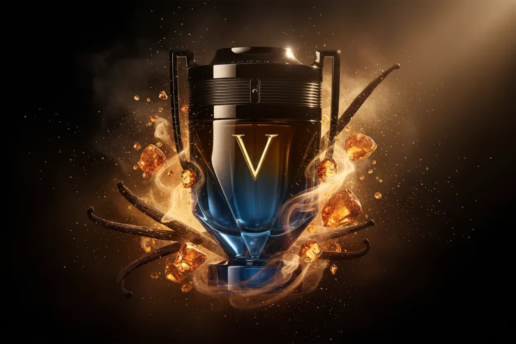 Perfume Invictus Victory Elixir da Paco Rabanne em frasco preto e dourado em formato de troféu, com elementos como baunilha e âmbar ao redor, representando uma fragrância doce, intensa, masculina e extremamente marcante.