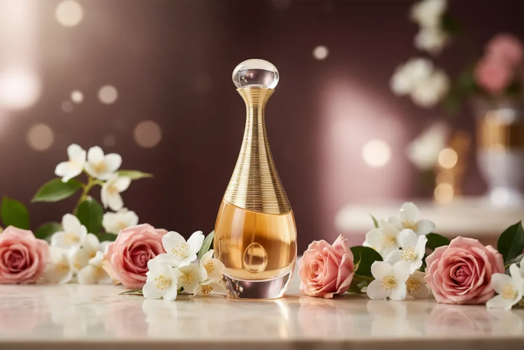 Perfume J’adore da Dior em frasco dourado elegante, acompanhado por flores como jasmim e rosa, representando uma fragrância floral feminina sofisticada, clássica e refinada.