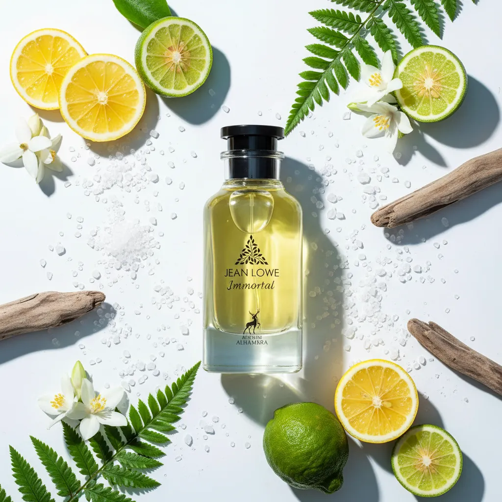 Perfume Jean Lowe Immortal da Maison Alhambra em frasco elegante, com elementos cítricos e aquáticos ao redor, representando uma fragrância fresca, sofisticada, moderna e com sensação de luxo discreto.