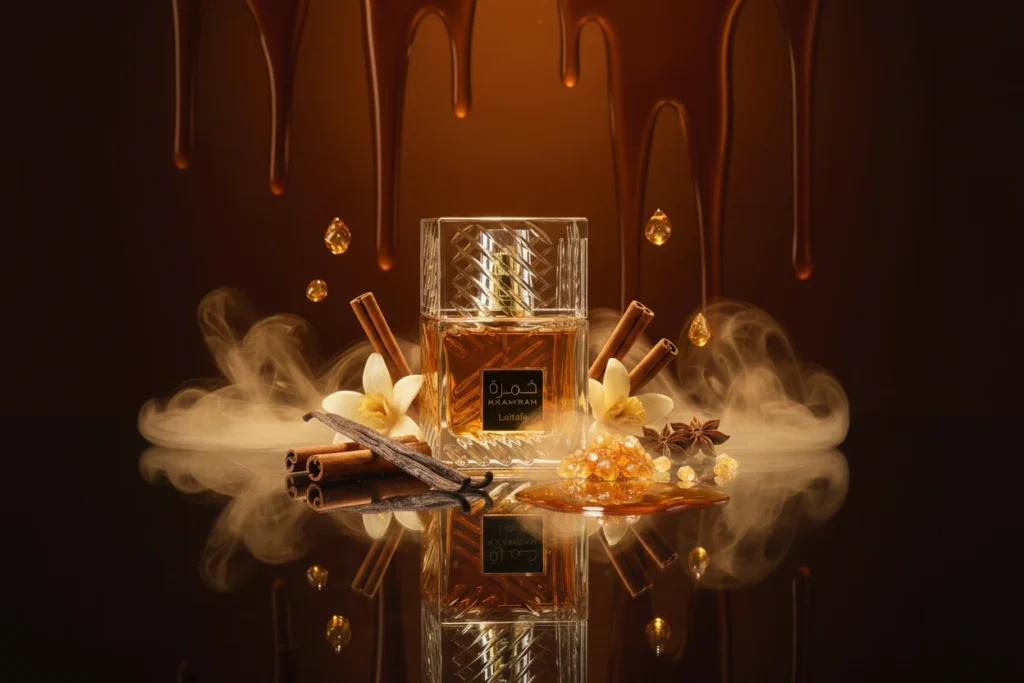 Perfume Lattafa Khamrah em cenário dourado com canela, baunilha, âmbar e fumaça, representando fragrância doce, quente e envolvente com efeito gourmand árabe