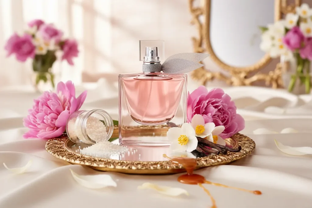 Perfume La Vie Est Belle da Lancôme em frasco elegante com laço delicado, acompanhado por elementos como baunilha e flores, representando uma fragrância doce gourmand feminina sofisticada e marcante.