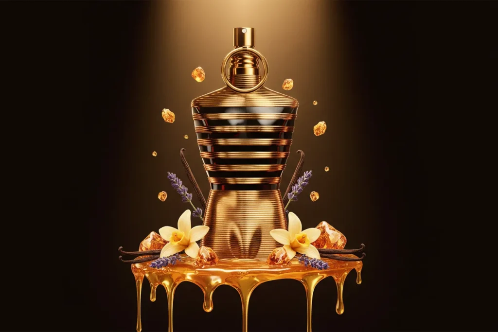 Perfume Le Male Elixir da Jean Paul Gaultier em frasco masculino icônico dourado, acompanhado por elementos como mel, baunilha e lavanda, representando uma fragrância doce, intensa, sensual e extremamente marcante.